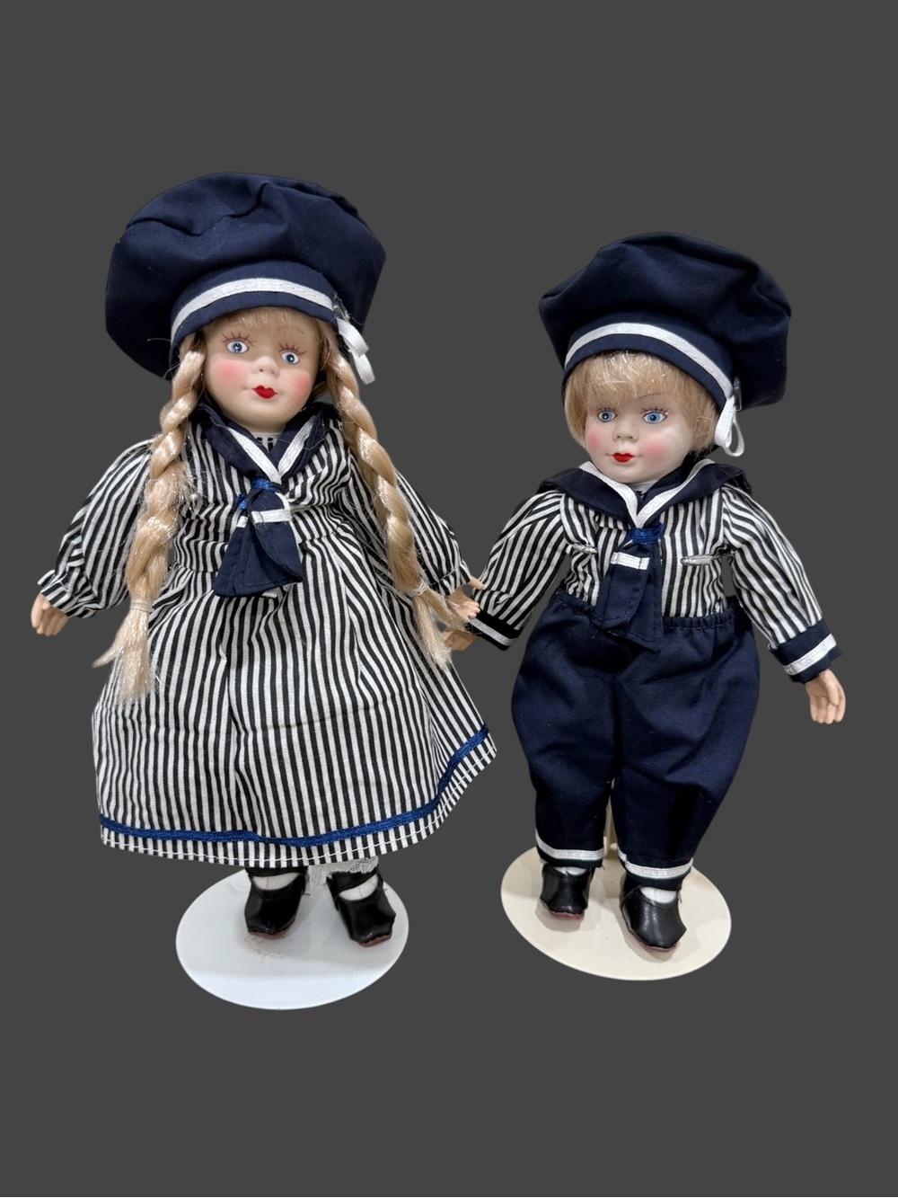 Vintage Set of German Porcelain Dolls Boy & Girl Blue Stripe 10” Tall